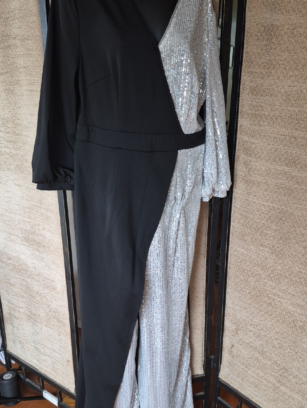 Asymmetric Black and Silver Sequin Evening Dress